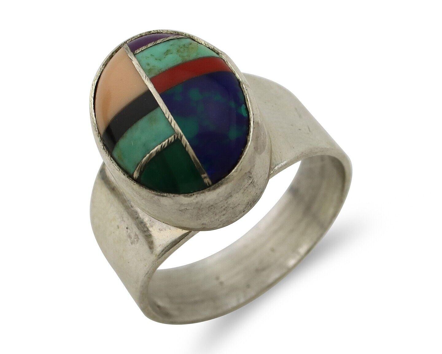 Zuni Inlaid Ring 925 Silver Mixed Natural Gemstones Native