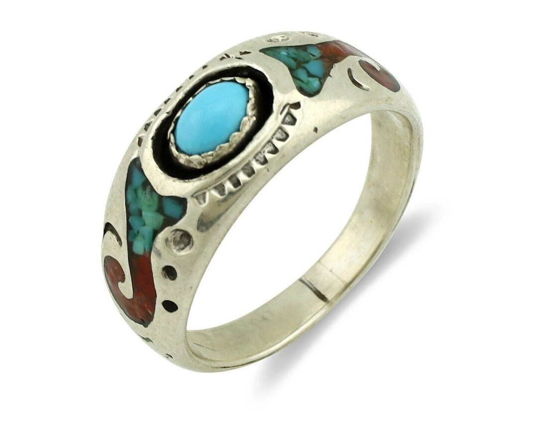 Navajo Handmade Ring 925 Silver Blue Turquoise & Coral Native American ...