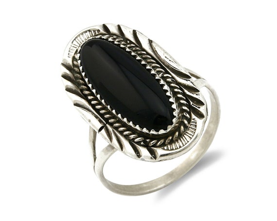 Navajo Ring .925 Silver Natural Black Onyx Handma… - image 1