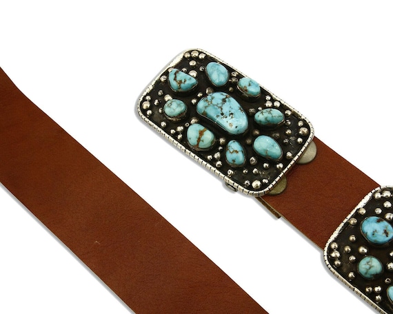 Navajo Concho Belt .925 Silver Blue Gem Turquoise Signed 