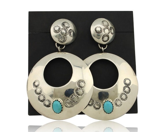 Navajo Handmade Earrings 925 Silver Blue Turquois… - image 1