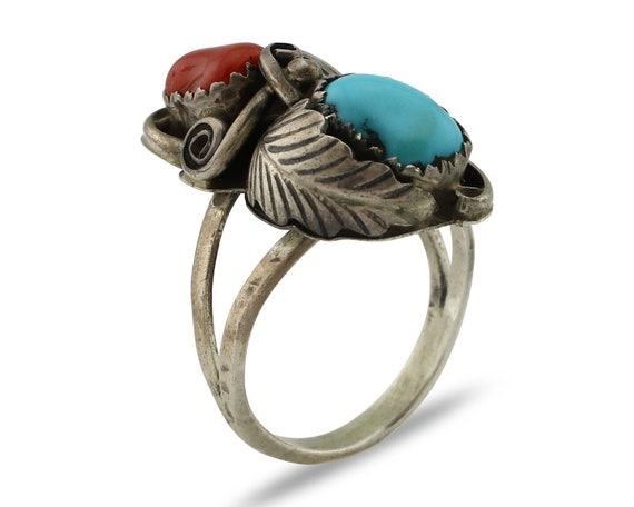 Navajo Handmade Ring 925 Silver Turquiose & Coral… - image 2