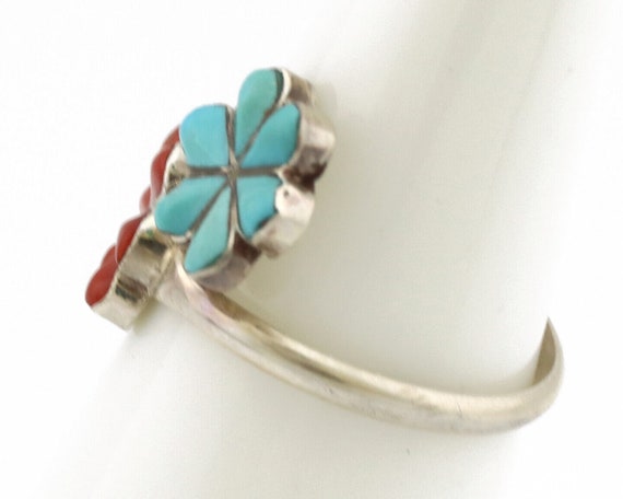 Zuni Flower Ring 925 Silver Turquoise & Coral Nat… - image 5