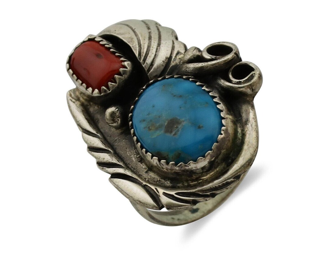 Navajo Ring 925 Silver Turquoise & Coral Artist Signed Native American ...