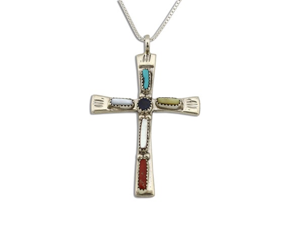 Zuni Handmade Cross Necklace 925 Silver Natural G… - image 1