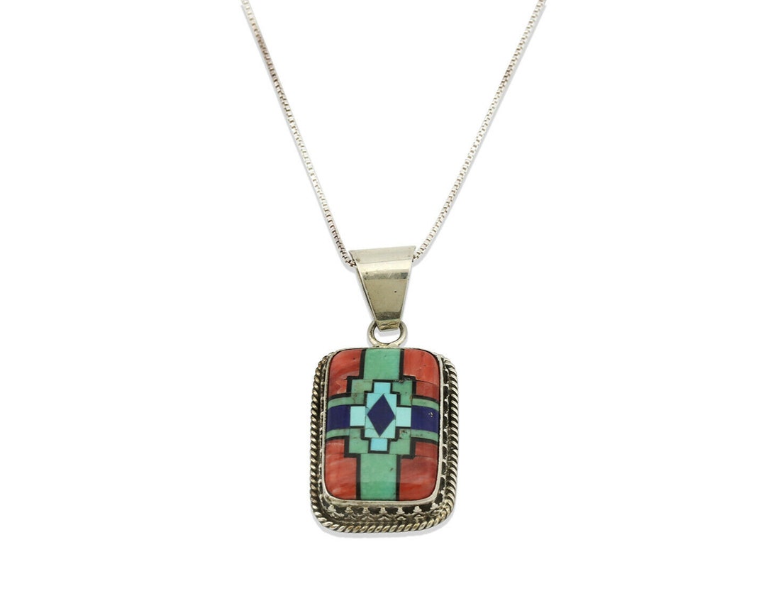 Navajo Handmade Inlaid Gemstone Pendant .925 Silver Signed Navajo Handmade Inlaid Gemstone Pendant .925 Silver Signed
