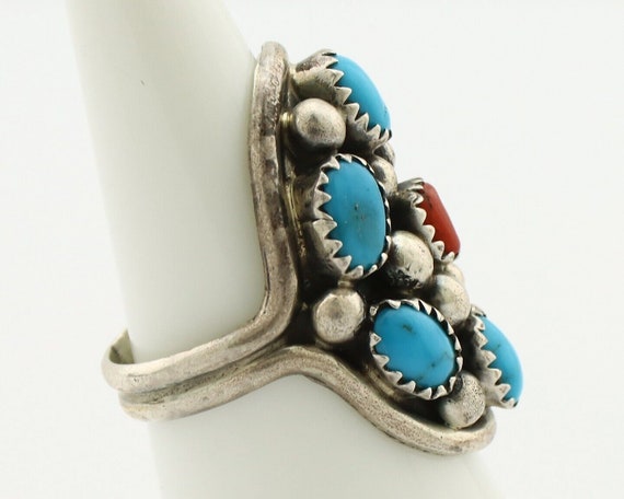 Navajo Ring 925 Silver Blue Turquiose & Coral Art… - image 6