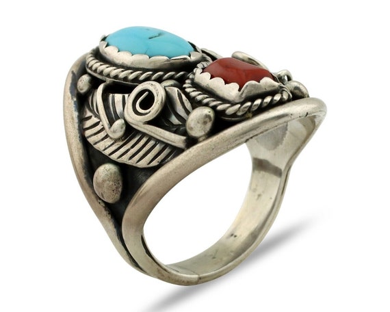 Navajo Ring 925 Silver Blue Turquiose & Coral Art… - image 2