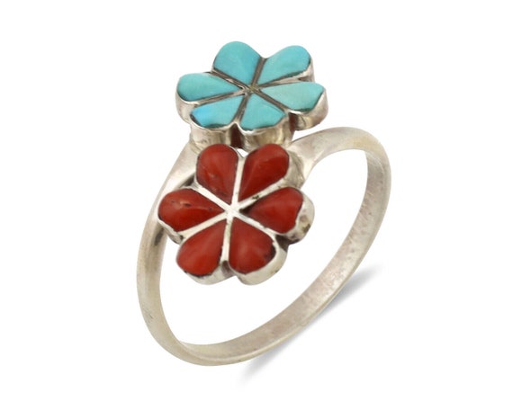 Zuni Flower Ring 925 Silver Turquoise & Coral Nat… - image 1