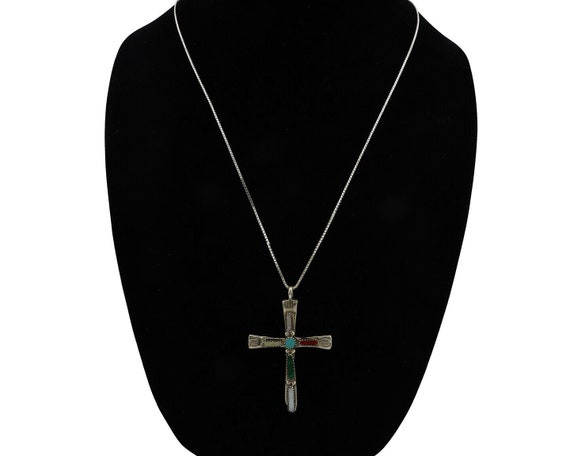 Zuni Handmade Cross Necklace 925 Silver Natural G… - image 7