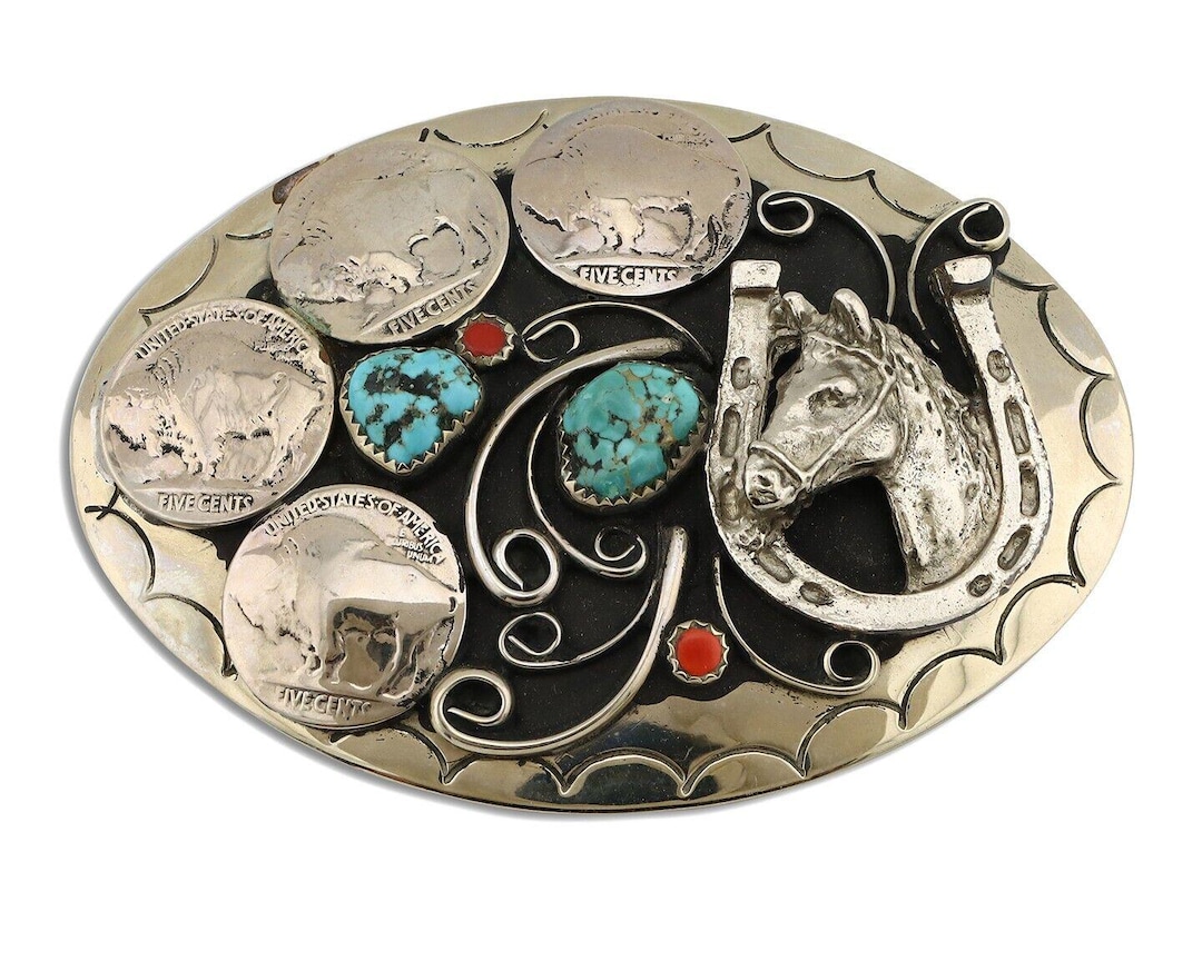 Navajo Horse Belt Buckle Nickle Silver Gemstone Handmade Native American belt Navajo Horse Belt Buckle Nickle Silver Gemstone Handmade  main image 4