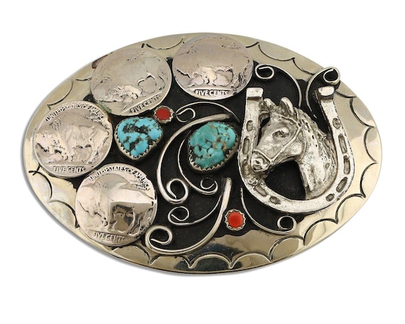 Vintage S.S.l. Handcrafted Belt Buckle Indian On Horse Gemstone Inlay Southwest End of the Trail Native American Indian Saga Enameled  main image 4