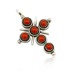 Zuni Natural Turquoise and Coral Reversible 925 Silver Handmade Pendant