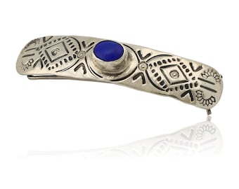 Grampo de cabelo feminino Navajo, presilha de prata 925, azul royal natural, lápis-lazúli, artista, década de 80