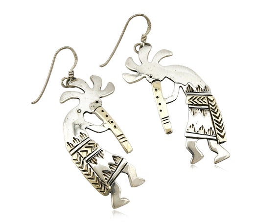 Navajo Dangle Earrings .925 Silver & 14k Solid Ye… - image 1