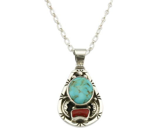 Buy Navajo Necklace .925 Silver Natural Blue Turquoise & Coral 