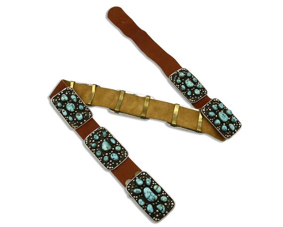 Navajo Concho Belt .925 Silver Blue Gem Turquoise Signed  display picture 1