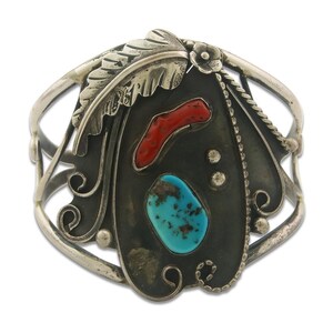Navajo Armband 925 Silber Einlegearbeit Coral & Turquoise Cuff Künstler signiert CJ C.80&#39;s