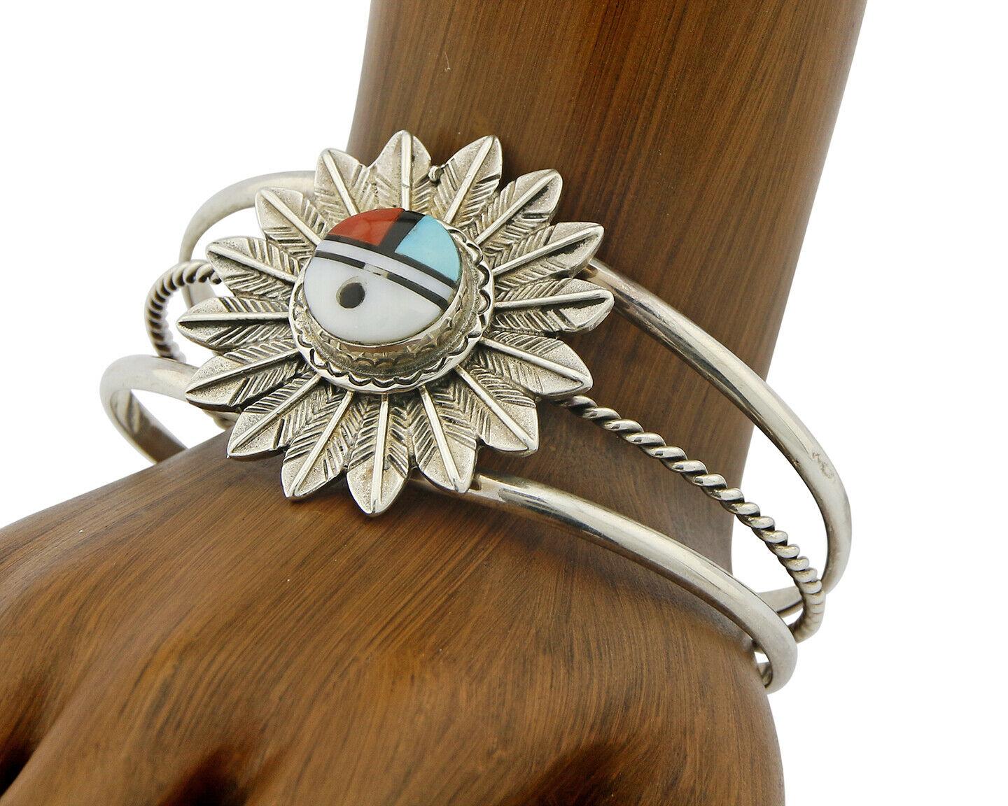 C. 1980 Navajo Running Bear Shop Turquoise Onyx Coral Opal .925 Feather Cuff