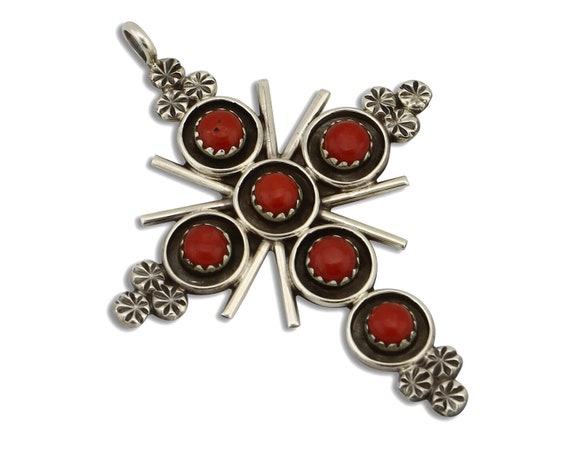 Zuni Handmade Cross Necklace 925 Silver Red Coral… - image 1