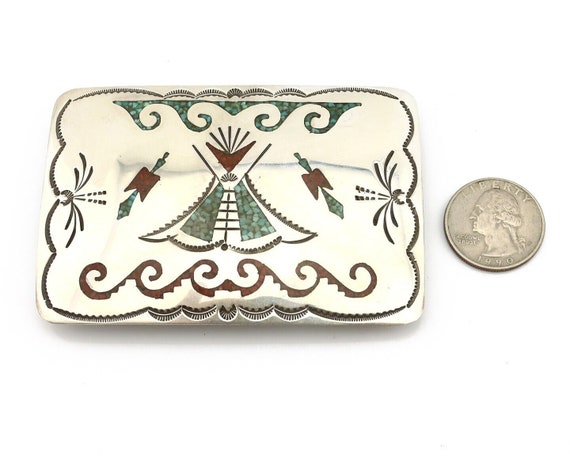 Navajo Belt Buckle .925 Silver Handmade Chip Inla… - image 7