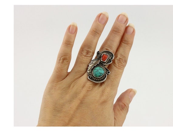 Navajo Handmade Ring 925 Silver Turquiose & Coral… - image 8