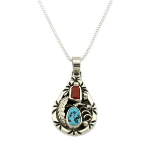 Navajo Necklace .925 Silver Natural Blue Turquoise & Coral Tipi Artist C.80&#39;s