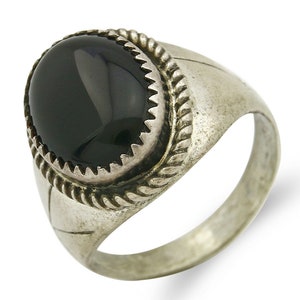 Damen Navajo Ring .925 SOLID Silber Hand gestempelt Schwarzer Onyx Circa 1980&#39;s