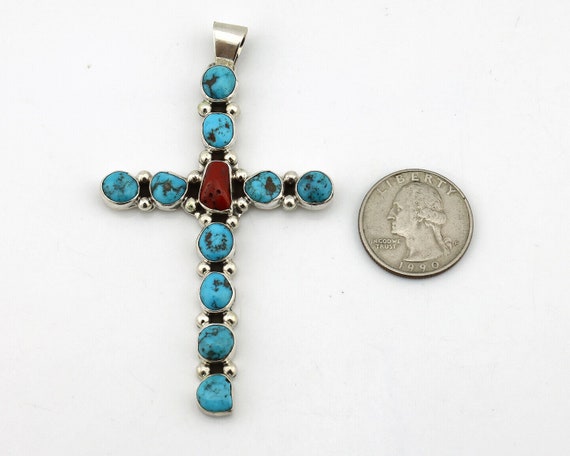 Zuni Handmade Cross Necklace 925 Silver Coral & T… - image 6