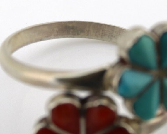 Zuni Flower Ring 925 Silver Turquoise & Coral Nat… - image 7