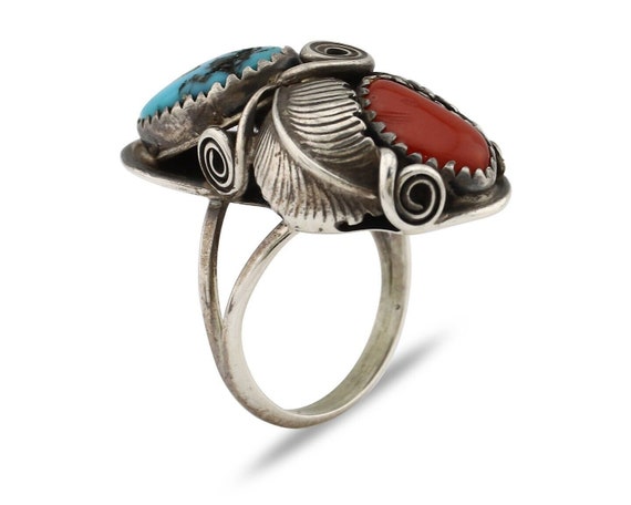 Navajo Handmade Ring 925 Silver Turquiose & Coral… - image 2