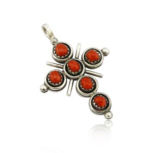 Zuni Natural Turquoise and Coral Reversible 925 Silver Handmade Pendant
