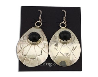 Navajo Earrings 925 Silver Natural Black Onyx Artist Signed T C.80's