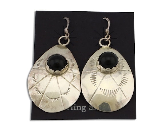 Navajo Earrings 925 Silver Natural Black Onyx Art… - image 1
