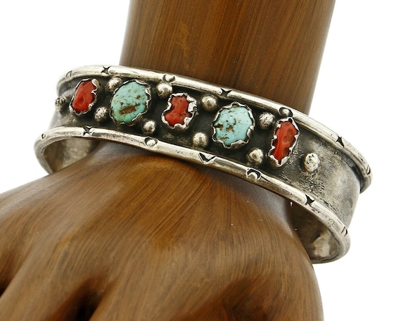 Navajo Bracelet .925 Silver Red Coral & Turquoise… - image 1