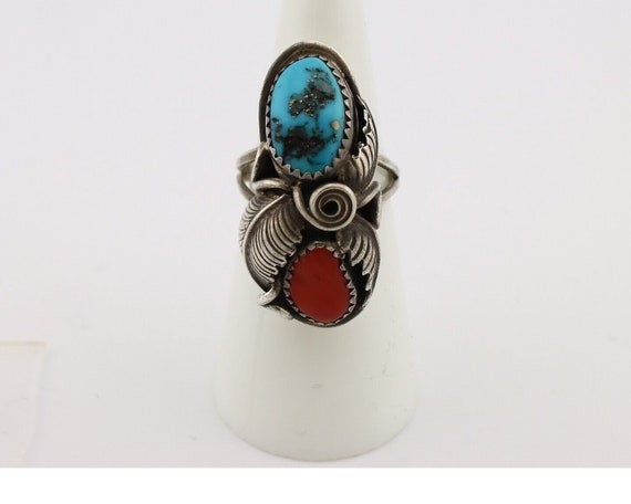 Navajo Handmade Ring 925 Silver Turquiose & Coral… - image 4