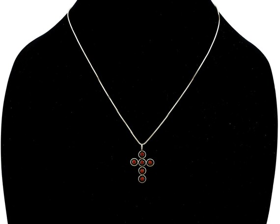 Zuni Handmade Cross Necklace 925 Silver Red Coral… - image 7