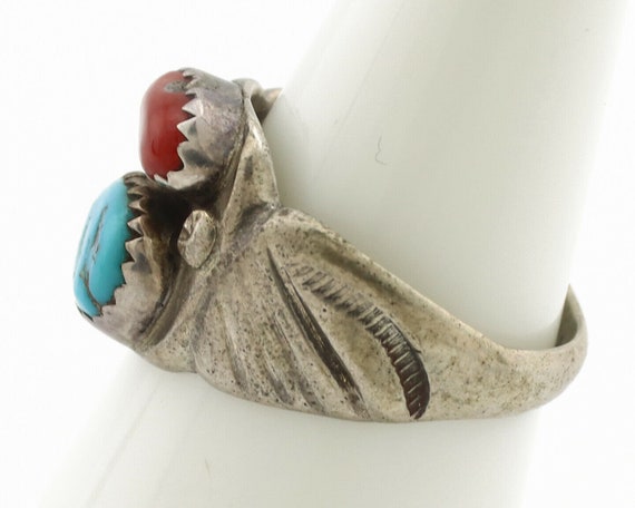 Zuni Ring .925 Silver Natural Turquoise & Coral N… - image 5