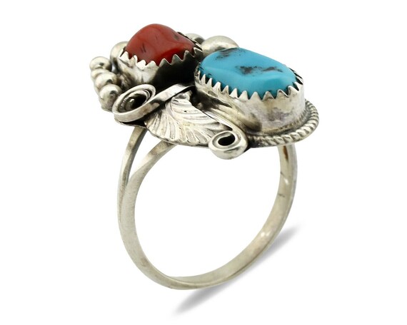 Navajo Ring .925 Silver Turquoise & Coral Artist … - image 2