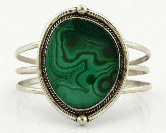 Navajo Malachite Bracelet SOLID .925 Silver Signe… - image 4