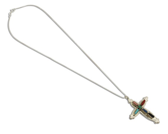 Zuni Handmade Cross Necklace 925 Silver Natural G… - image 2