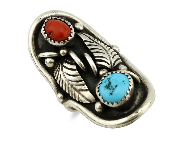 Navajo Ring 925 Silver Turquoise & Coral Artist S… - image 1