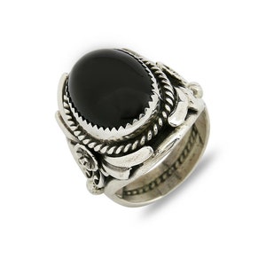 Zuni Artist Signed Susie Calavaza Handmade Stamped Natural Onyx 925 Silver Ring