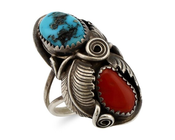 Navajo Handmade Ring 925 Silver Turquiose & Coral… - image 1