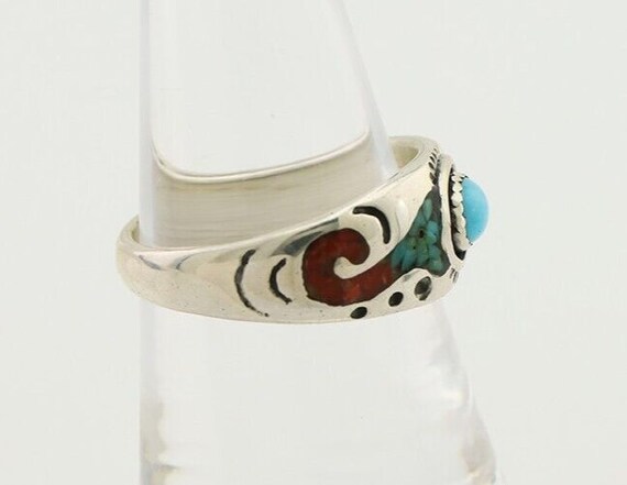 Navajo Ring 925 Silver Turquoise & Coral Natural … - image 6