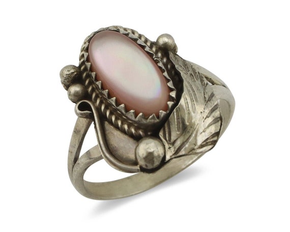 Navajo Ring .925 Silver Natural Pink Mussel Artis… - image 1