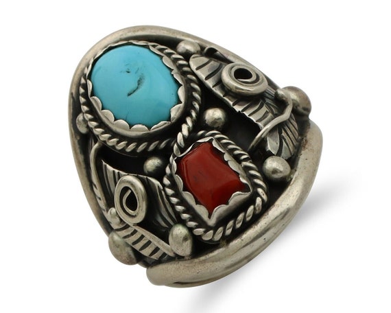Navajo Ring 925 Silver Blue Turquiose & Coral Art… - image 1