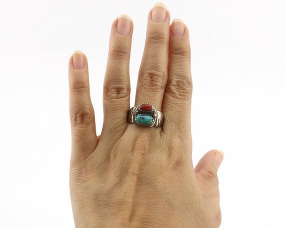 Zuni Ring .925 Silver Natural Turquoise & Coral N… - image 8