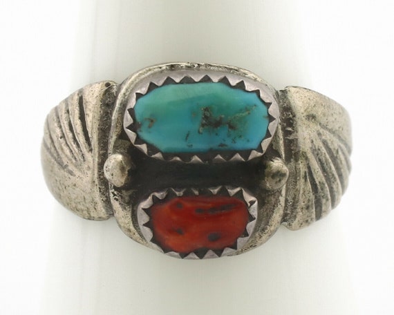 Zuni Ring .925 Silver Natural Turquoise & Coral N… - image 4