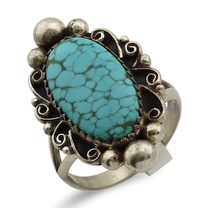 Navajo Ring 925 Silver Spiderweb Turquoise Artiste amérindien C.80's